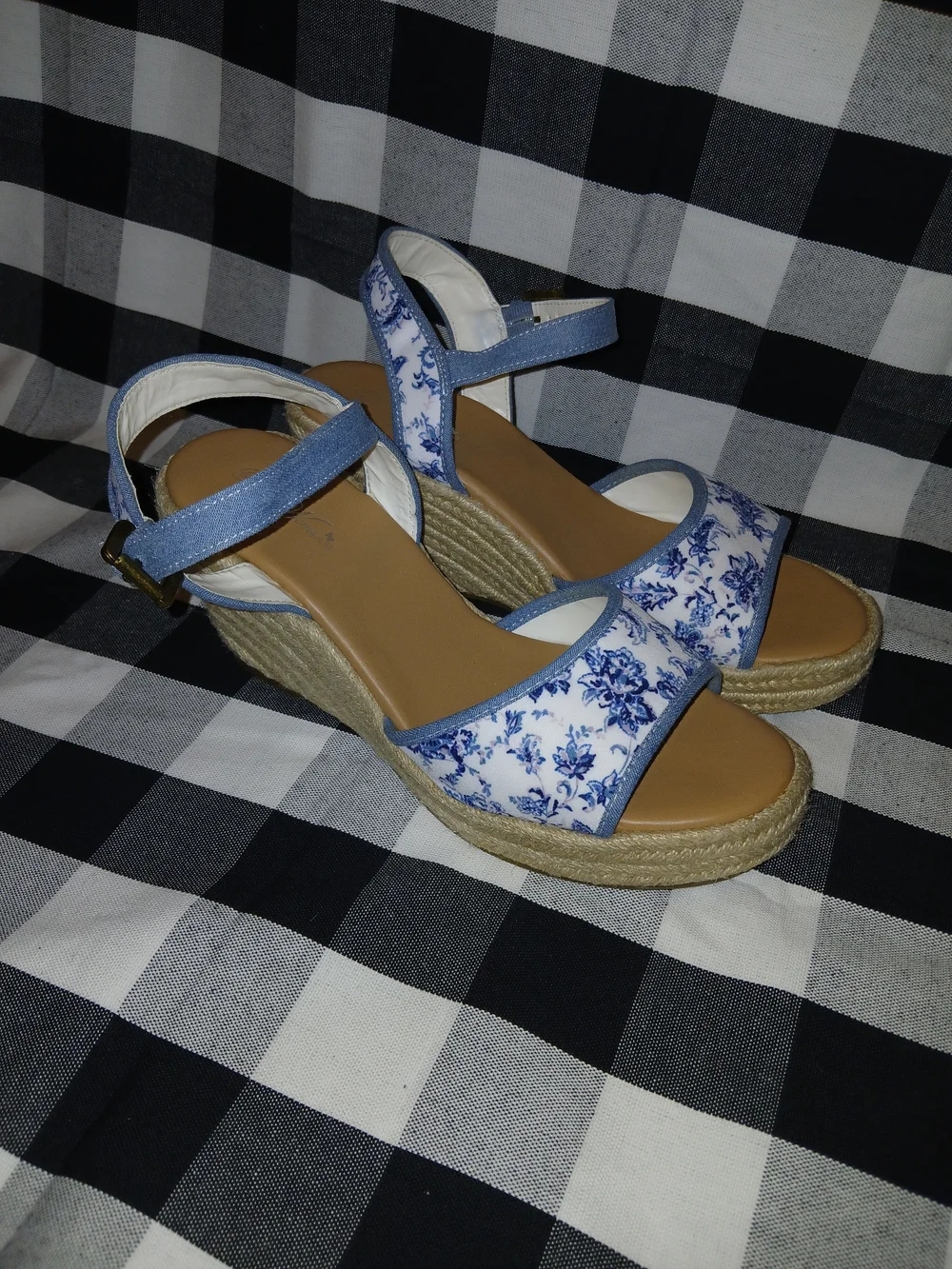 Blue Floral Espadrille Wedge Sandals - Women's Ankle Strap